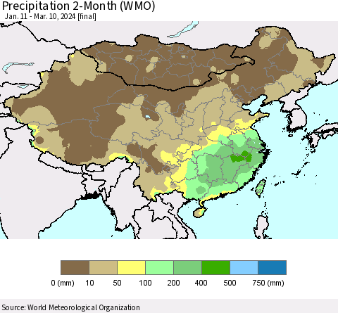 China, Mongolia and Taiwan Precipitation 2-Month (WMO) Thematic Map For 1/11/2024 - 3/10/2024