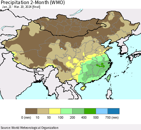 China, Mongolia and Taiwan Precipitation 2-Month (WMO) Thematic Map For 1/21/2024 - 3/20/2024