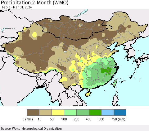 China, Mongolia and Taiwan Precipitation 2-Month (WMO) Thematic Map For 2/1/2024 - 3/31/2024