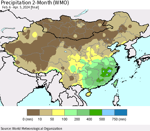 China, Mongolia and Taiwan Precipitation 2-Month (WMO) Thematic Map For 2/6/2024 - 4/5/2024