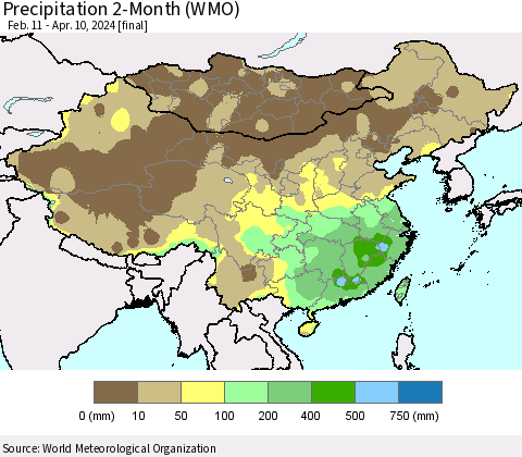 China, Mongolia and Taiwan Precipitation 2-Month (WMO) Thematic Map For 2/11/2024 - 4/10/2024