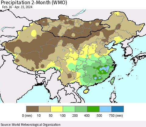 China, Mongolia and Taiwan Precipitation 2-Month (WMO) Thematic Map For 2/16/2024 - 4/15/2024