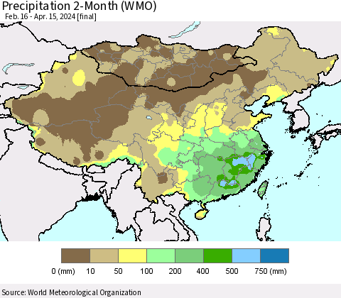 China, Mongolia and Taiwan Precipitation 2-Month (WMO) Thematic Map For 2/16/2024 - 4/15/2024
