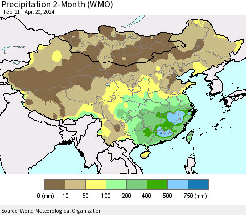 China, Mongolia and Taiwan Precipitation 2-Month (WMO) Thematic Map For 2/21/2024 - 4/20/2024