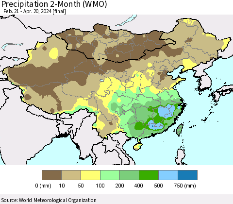 China, Mongolia and Taiwan Precipitation 2-Month (WMO) Thematic Map For 2/21/2024 - 4/20/2024