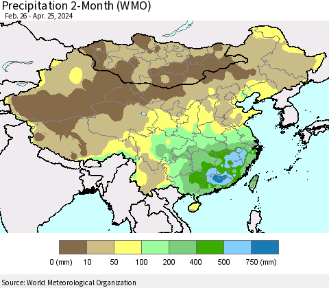 China, Mongolia and Taiwan Precipitation 2-Month (WMO) Thematic Map For 2/26/2024 - 4/25/2024
