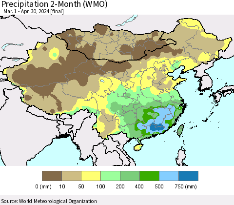 China, Mongolia and Taiwan Precipitation 2-Month (WMO) Thematic Map For 3/1/2024 - 4/30/2024