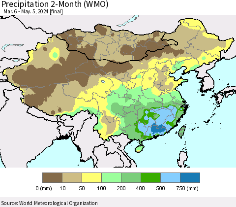 China, Mongolia and Taiwan Precipitation 2-Month (WMO) Thematic Map For 3/6/2024 - 5/5/2024