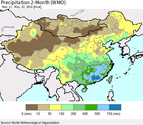 China, Mongolia and Taiwan Precipitation 2-Month (WMO) Thematic Map For 3/11/2024 - 5/10/2024
