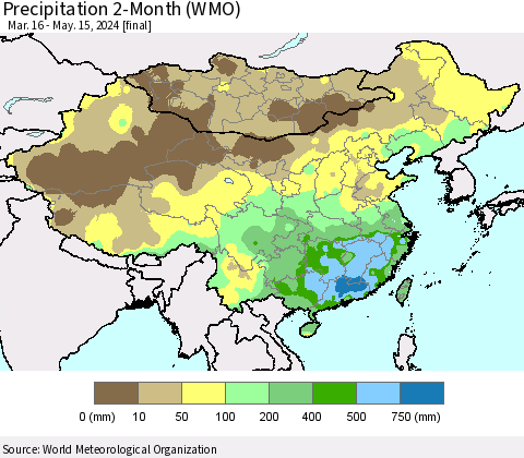 China, Mongolia and Taiwan Precipitation 2-Month (WMO) Thematic Map For 3/16/2024 - 5/15/2024