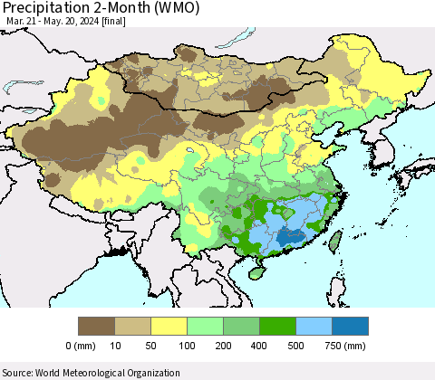 China, Mongolia and Taiwan Precipitation 2-Month (WMO) Thematic Map For 3/21/2024 - 5/20/2024