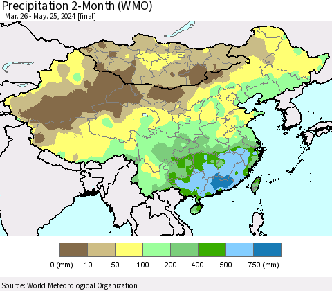 China, Mongolia and Taiwan Precipitation 2-Month (WMO) Thematic Map For 3/26/2024 - 5/25/2024