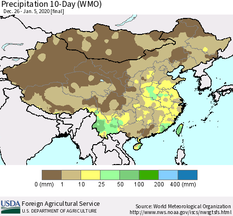 China, Mongolia and Taiwan Precipitation 10-Day (WMO) Thematic Map For 12/26/2019 - 1/5/2020