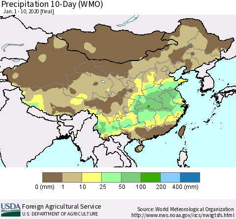 China, Mongolia and Taiwan Precipitation 10-Day (WMO) Thematic Map For 1/1/2020 - 1/10/2020