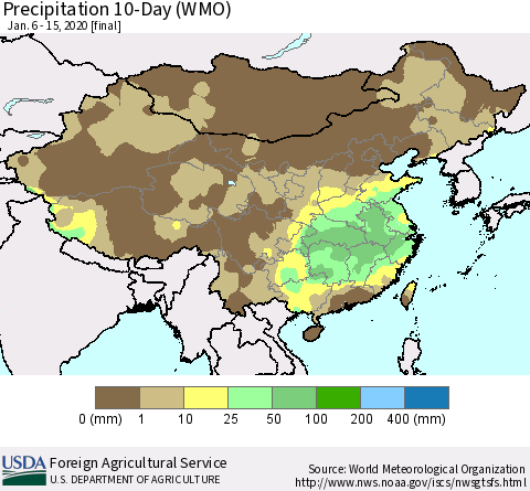China, Mongolia and Taiwan Precipitation 10-Day (WMO) Thematic Map For 1/6/2020 - 1/15/2020