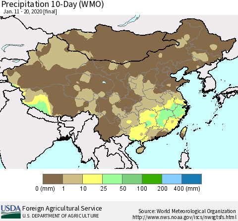 China, Mongolia and Taiwan Precipitation 10-Day (WMO) Thematic Map For 1/11/2020 - 1/20/2020