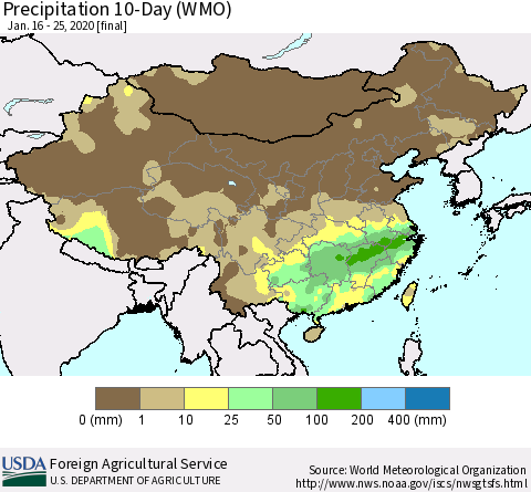 China, Mongolia and Taiwan Precipitation 10-Day (WMO) Thematic Map For 1/16/2020 - 1/25/2020