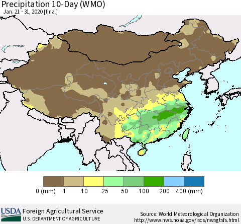 China, Mongolia and Taiwan Precipitation 10-Day (WMO) Thematic Map For 1/21/2020 - 1/31/2020