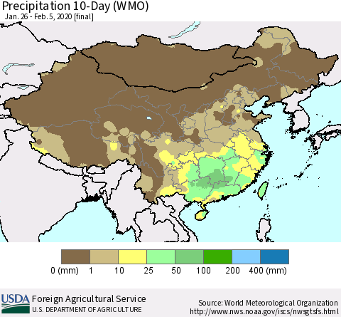 China, Mongolia and Taiwan Precipitation 10-Day (WMO) Thematic Map For 1/26/2020 - 2/5/2020