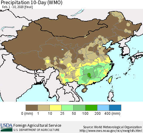 China, Mongolia and Taiwan Precipitation 10-Day (WMO) Thematic Map For 2/1/2020 - 2/10/2020