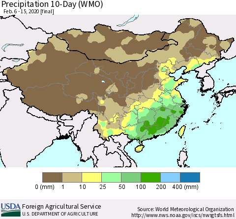 China, Mongolia and Taiwan Precipitation 10-Day (WMO) Thematic Map For 2/6/2020 - 2/15/2020