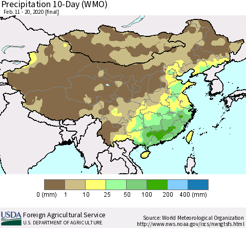 China, Mongolia and Taiwan Precipitation 10-Day (WMO) Thematic Map For 2/11/2020 - 2/20/2020