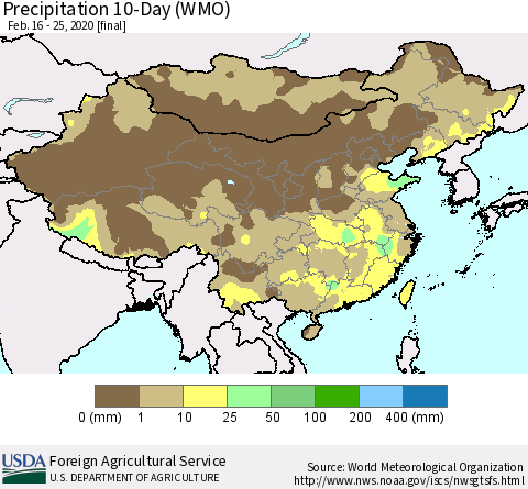 China, Mongolia and Taiwan Precipitation 10-Day (WMO) Thematic Map For 2/16/2020 - 2/25/2020