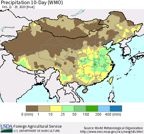 China, Mongolia and Taiwan Precipitation 10-Day (WMO) Thematic Map For 2/21/2020 - 2/29/2020
