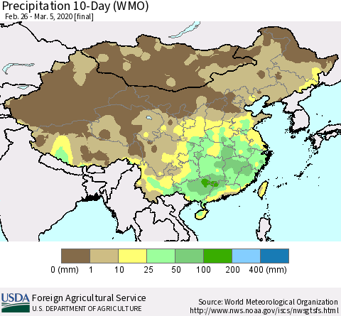 China, Mongolia and Taiwan Precipitation 10-Day (WMO) Thematic Map For 2/26/2020 - 3/5/2020