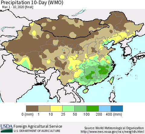 China, Mongolia and Taiwan Precipitation 10-Day (WMO) Thematic Map For 3/1/2020 - 3/10/2020