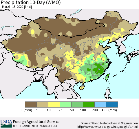 China, Mongolia and Taiwan Precipitation 10-Day (WMO) Thematic Map For 3/6/2020 - 3/15/2020