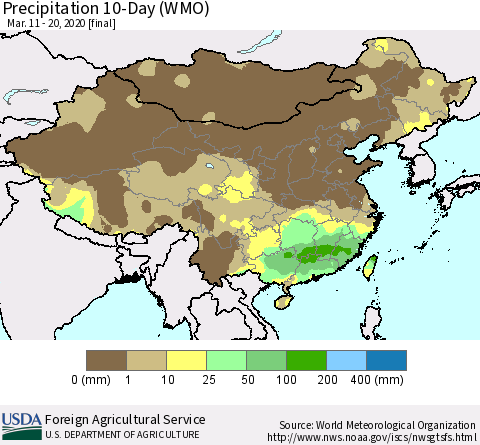 China, Mongolia and Taiwan Precipitation 10-Day (WMO) Thematic Map For 3/11/2020 - 3/20/2020