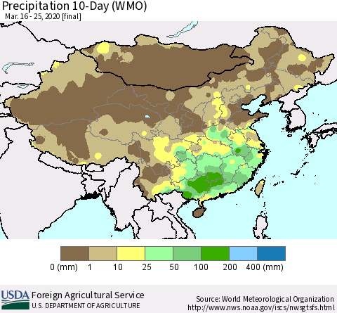 China, Mongolia and Taiwan Precipitation 10-Day (WMO) Thematic Map For 3/16/2020 - 3/25/2020