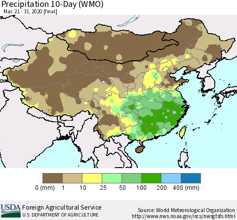 China, Mongolia and Taiwan Precipitation 10-Day (WMO) Thematic Map For 3/21/2020 - 3/31/2020