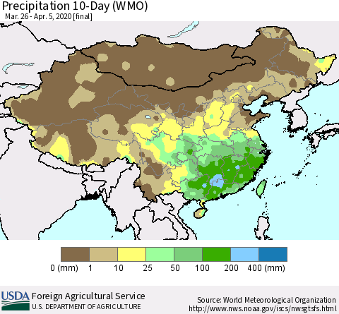 China, Mongolia and Taiwan Precipitation 10-Day (WMO) Thematic Map For 3/26/2020 - 4/5/2020