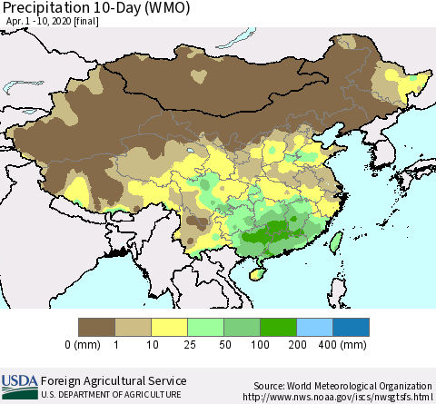 China, Mongolia and Taiwan Precipitation 10-Day (WMO) Thematic Map For 4/1/2020 - 4/10/2020