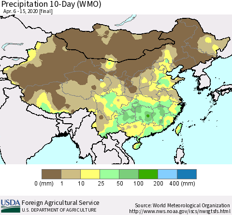 China, Mongolia and Taiwan Precipitation 10-Day (WMO) Thematic Map For 4/6/2020 - 4/15/2020