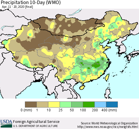 China, Mongolia and Taiwan Precipitation 10-Day (WMO) Thematic Map For 4/11/2020 - 4/20/2020