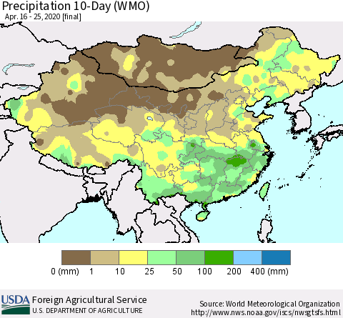 China, Mongolia and Taiwan Precipitation 10-Day (WMO) Thematic Map For 4/16/2020 - 4/25/2020