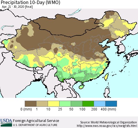 China, Mongolia and Taiwan Precipitation 10-Day (WMO) Thematic Map For 4/21/2020 - 4/30/2020