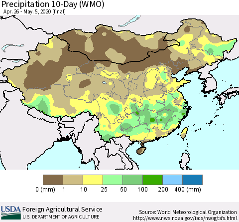 China, Mongolia and Taiwan Precipitation 10-Day (WMO) Thematic Map For 4/26/2020 - 5/5/2020
