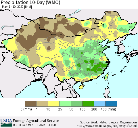 China, Mongolia and Taiwan Precipitation 10-Day (WMO) Thematic Map For 5/1/2020 - 5/10/2020