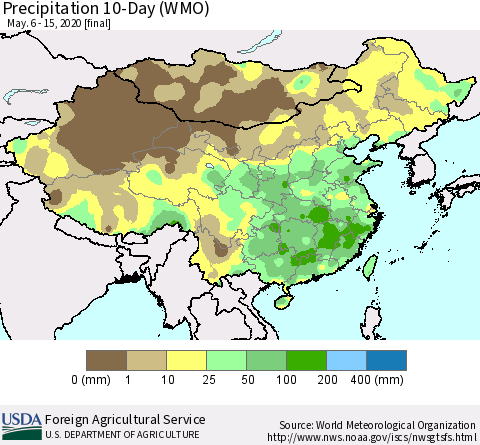 China, Mongolia and Taiwan Precipitation 10-Day (WMO) Thematic Map For 5/6/2020 - 5/15/2020