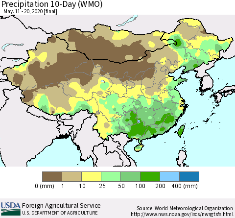 China, Mongolia and Taiwan Precipitation 10-Day (WMO) Thematic Map For 5/11/2020 - 5/20/2020
