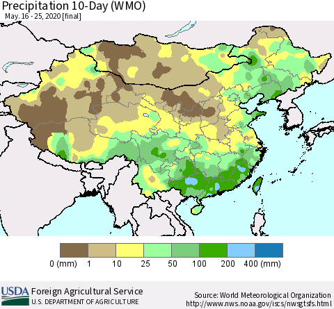 China, Mongolia and Taiwan Precipitation 10-Day (WMO) Thematic Map For 5/16/2020 - 5/25/2020