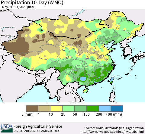 China, Mongolia and Taiwan Precipitation 10-Day (WMO) Thematic Map For 5/21/2020 - 5/31/2020