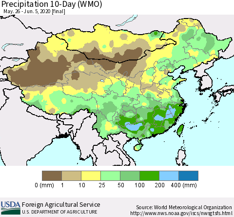 China, Mongolia and Taiwan Precipitation 10-Day (WMO) Thematic Map For 5/26/2020 - 6/5/2020