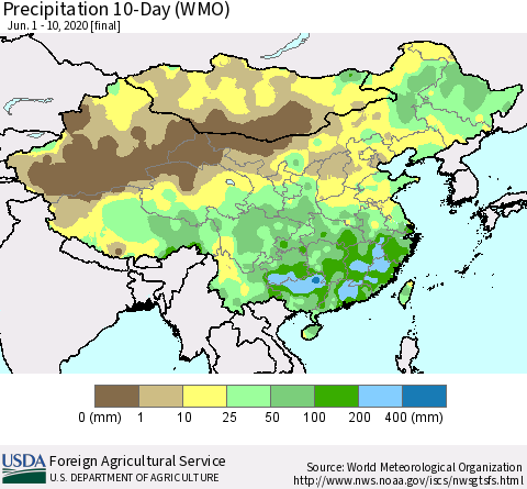 China, Mongolia and Taiwan Precipitation 10-Day (WMO) Thematic Map For 6/1/2020 - 6/10/2020