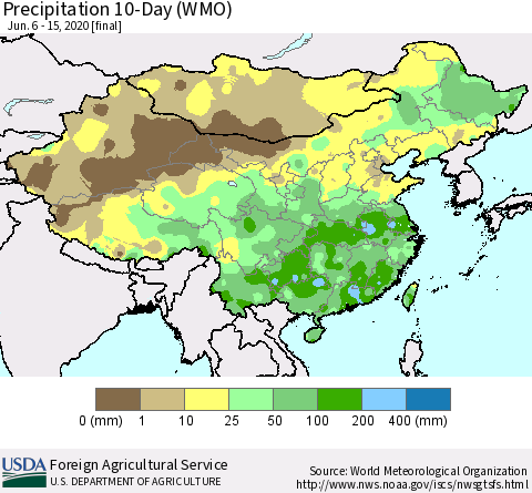 China, Mongolia and Taiwan Precipitation 10-Day (WMO) Thematic Map For 6/6/2020 - 6/15/2020