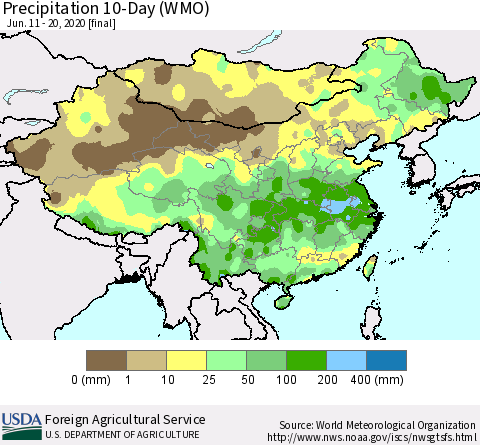China, Mongolia and Taiwan Precipitation 10-Day (WMO) Thematic Map For 6/11/2020 - 6/20/2020